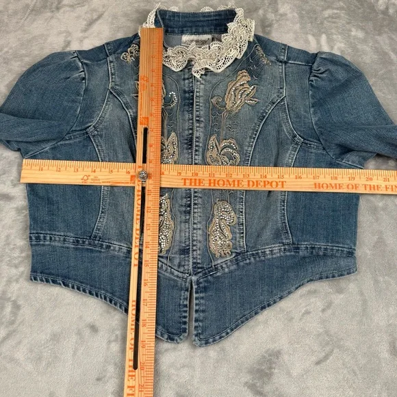 Vintage 90s Y2k Denim Jacket Womens Sz 12 Lace Fairy Whimsygoth Embroidered - Picture 7 of 13